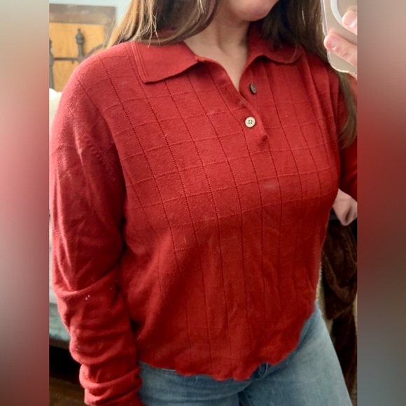Geoffrey Beene Red Cropped Polo Sweater - Long Sleeve - Textured Knit - Size M - Picture 6 of 6